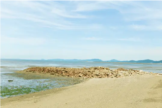 穏やかな海岸風景。砂浜から海へ延びる石積みの突堤があり、遠くには山並みが見える青空と海の広がる風景